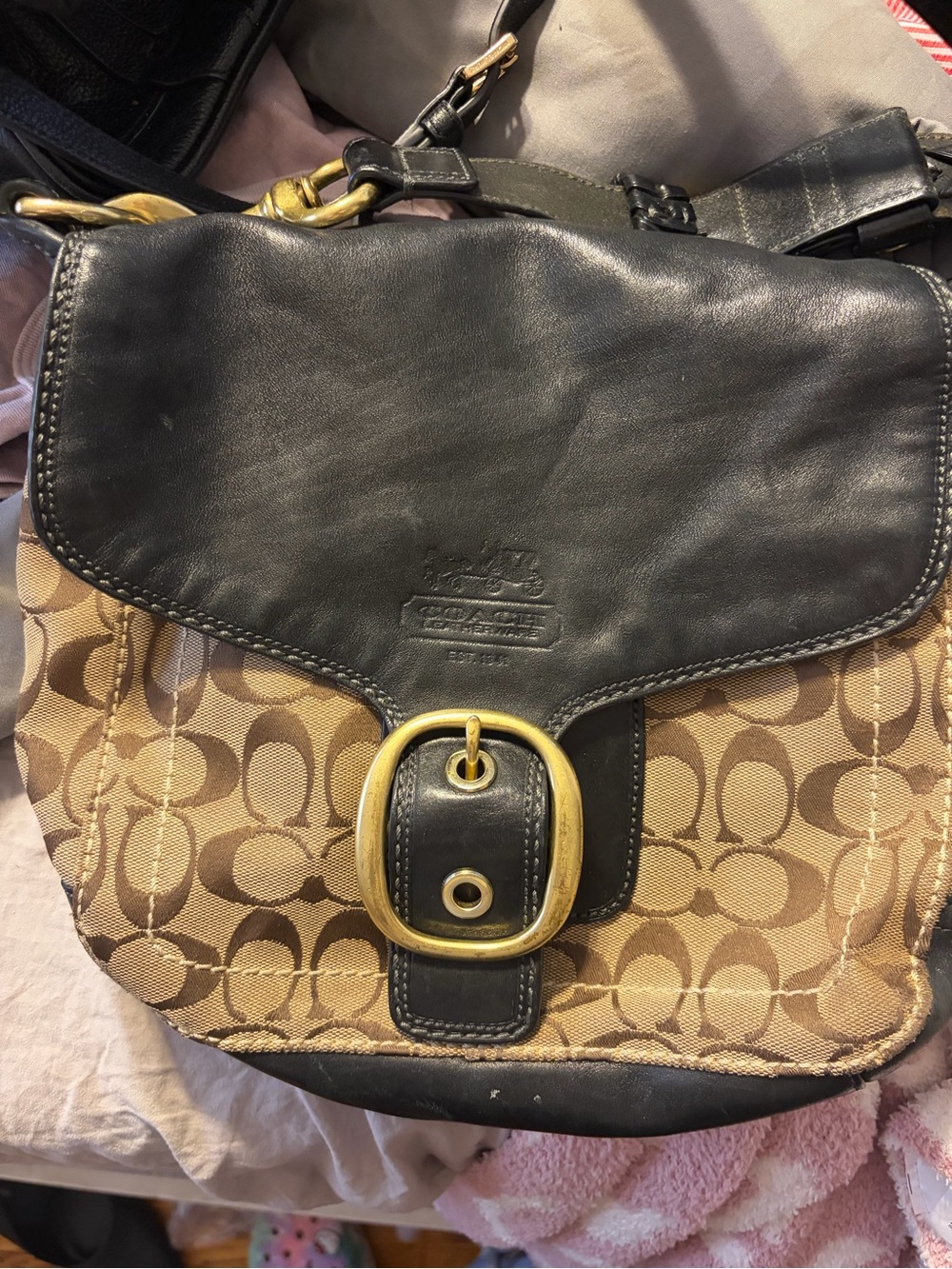 Coach Brown Signature Canvas and Black Leather shoulder bag with Gold Buckle